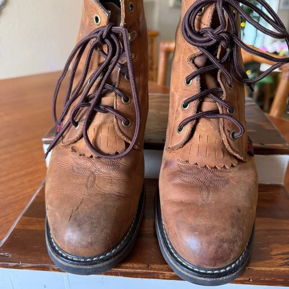 Tony Lama Youth Brown Boho Western Prairie Style Leather Lace-Up Kiltie Boots 3